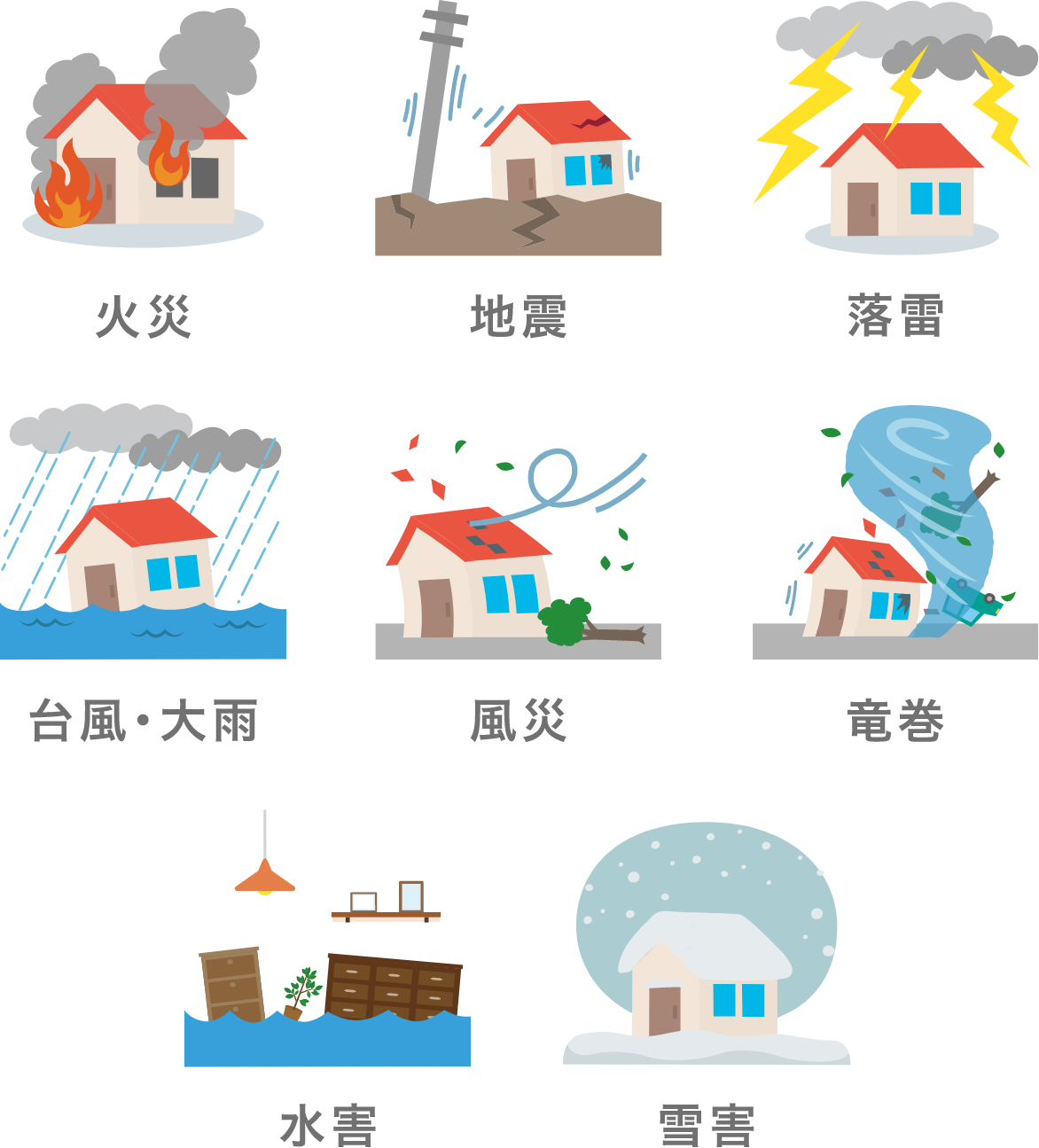 火災、地震、落雷、台風・大雨、風災、竜巻、水害、雪害